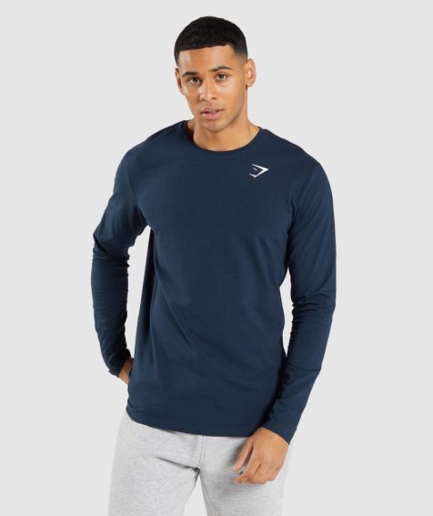 Men's Gymshark Essential Long Sleeve T-Shirts Navy | CA 5D7N16